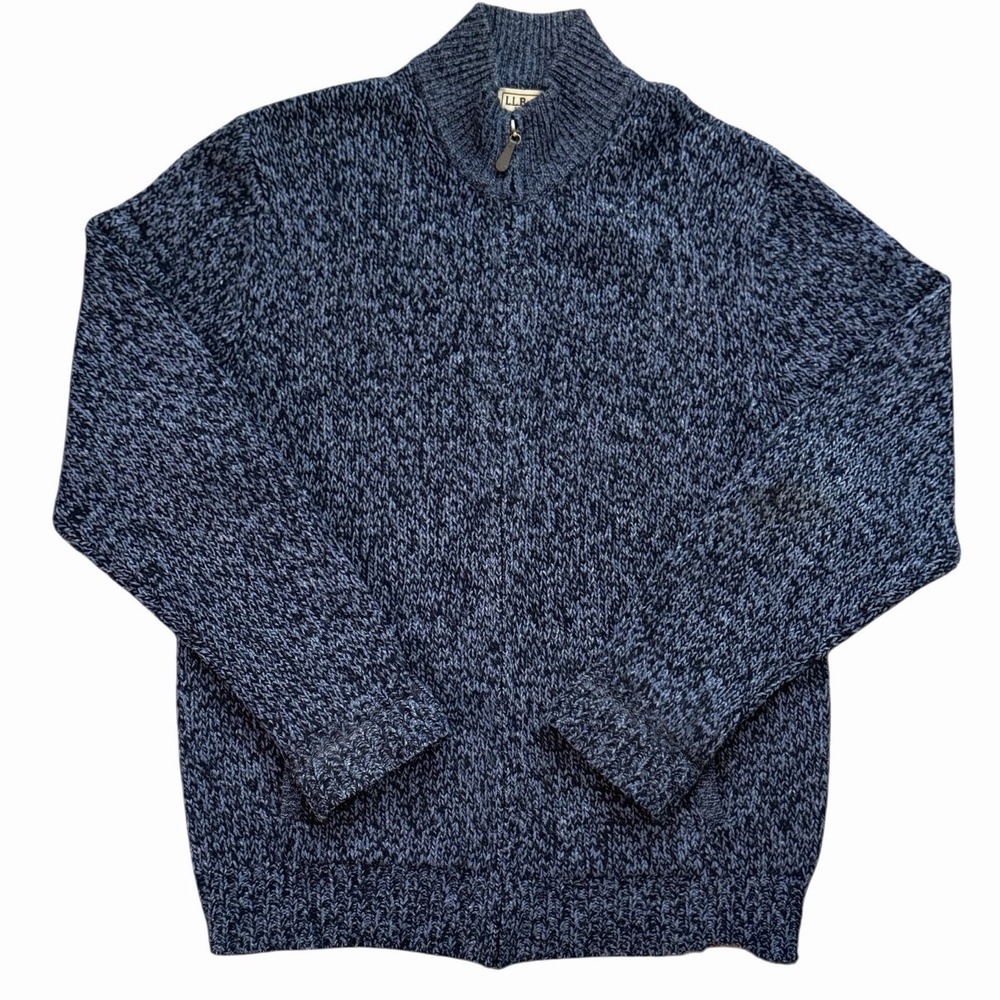 LL Bean Full Zip Sweater Mens Medium Blue 100% Lambswool Cardigan Marled Knit